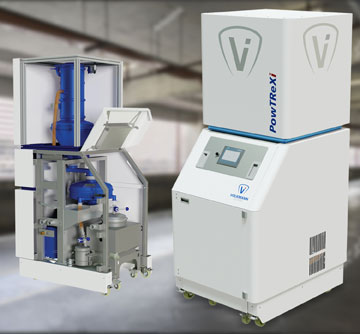 Volkmann PowTReX metal powder transfer recovery system shown as installed and with interior revealed