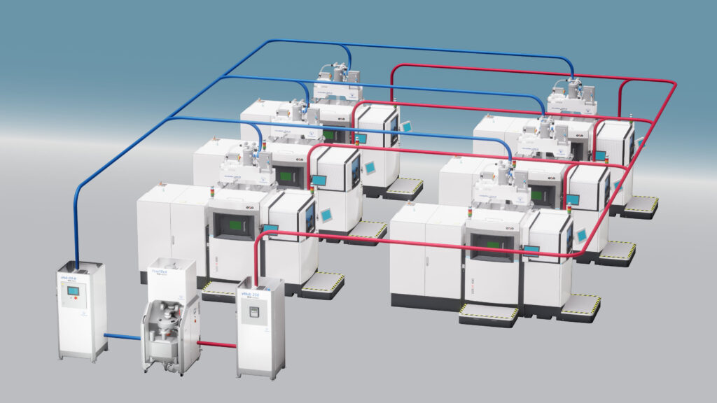 Illustration of several 3D printers setup in a closed loop with Volkmann automated metal powder handling system