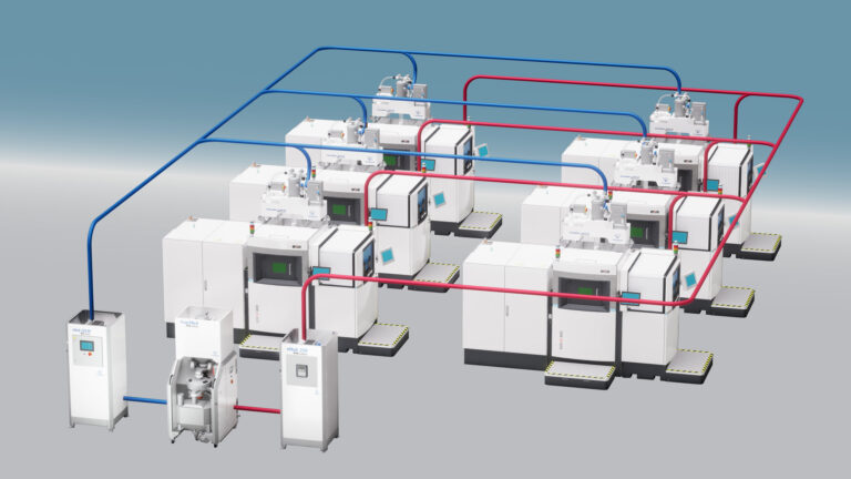 Illustration of several 3D printers setup in a closed loop with Volkmann automated metal powder handling system